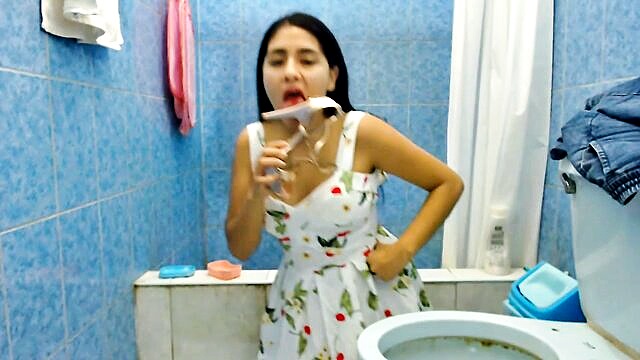 blowjob, latina, homemade - i caught my stepdaughter sucking on a high heel in the bathroom so i made her suck my cock my wife caught us and we both peed on her cum on her face bdsm
