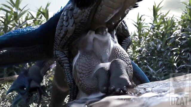 cartoon, outdoor, fantasy character - feral dragon encounters reptile in wild hentai rendezvous