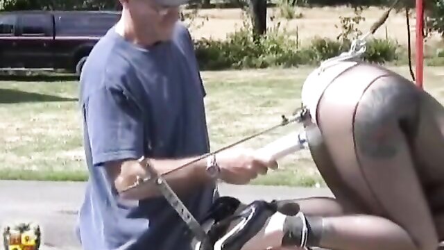 Red head, Xxx - bicycle powered bdsm machine action with gagging and restraints We