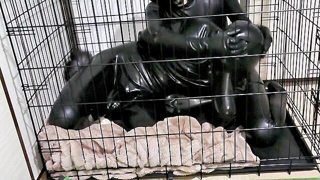 Cage - amateur rubber clad babe locked up in kinky cage bdsm