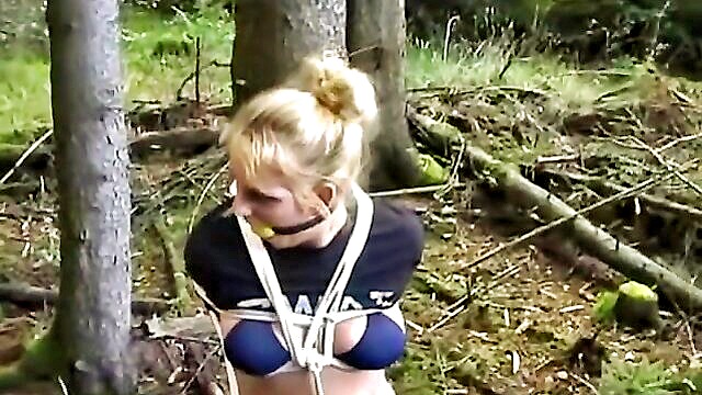 fetish, blonde, amateur - naive blonde tied to a tree gagged and whipped in bdsm video on bdsmxtube