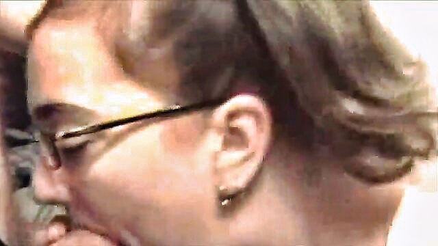 blowjob, party, facial - brunette slut in glasses goes wild at party with multiple cocks