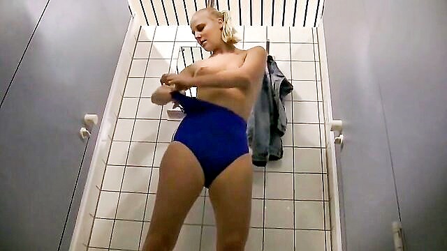 pool, changing room, blonde - sensual encounter in changing room blonde gives blowjob and rides