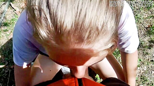 blonde, blowjob, teen (18+) - pov view of young blonde giving blowjob in the forest