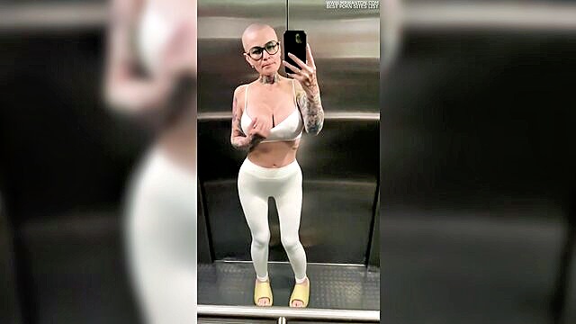 masturbation, public, squirting - bald woman masturbates and squirts in public elevator