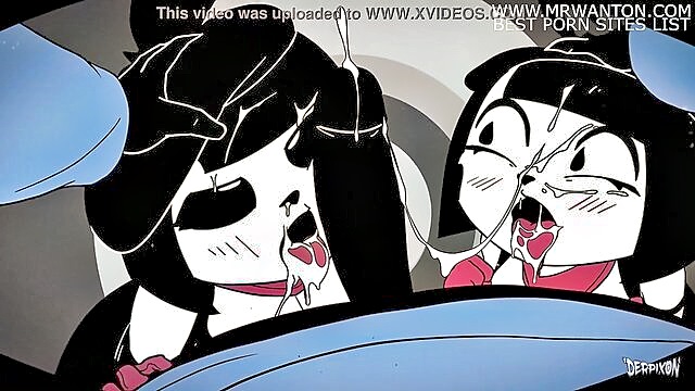 threesome, hentai, cartoon - steamy threesome action featuring animated creampie and blowjobs in mime and dash