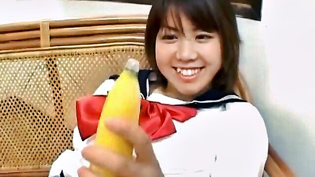 Kazumi - japanese amateur teen gives a school uniform blowjob and plays with a banana toy All Japanese Pass