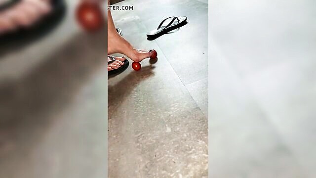 closeup, amateur, german - softcore foot fetish video of amateur german crushing tomatoes with feet for massage