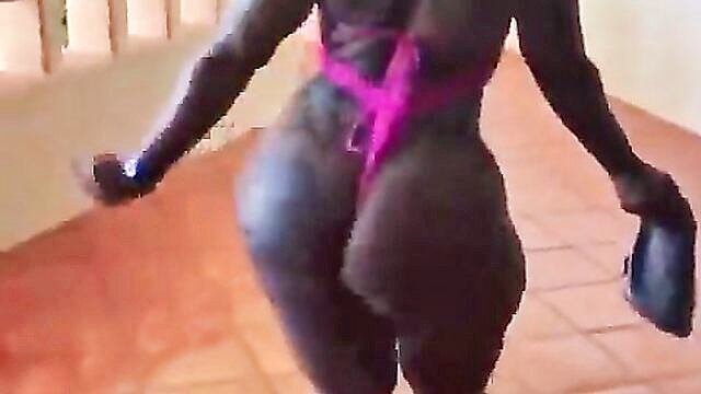 Cherokee - voluptuous black mature woman strolling through hotel in thong showcasing her ample derriere