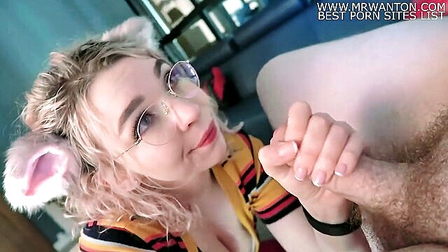 Kitty - russian teen with nerdy glasses gets a sloppy blowjob and facial from daddy cosplay