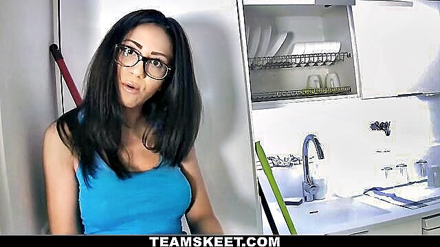 double penetration, ebony, strapon - nerd teen glasses