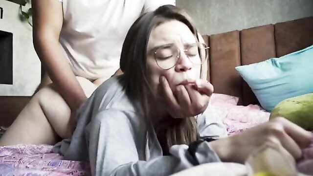 nerdy girl, prone bone, prone bon - a playful russian girl receives intense penetration while lying on her back