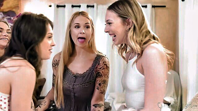 Sarah Vandella, Athena Faris, Lily Larimar, Maddy May - stepmother and stepdaughter maddy may and sarah vandella have a sexy tattoo and piercing they have a 69 facial in an adult time slumber party Adult Time