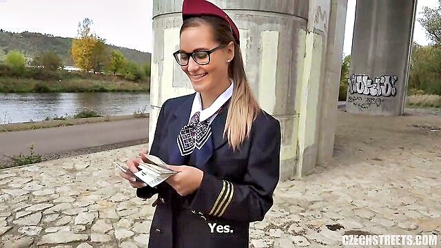 andrea, blowjob, brunette - andrea a stewardess with glasses gets her fix of rough sex from the driver on the job