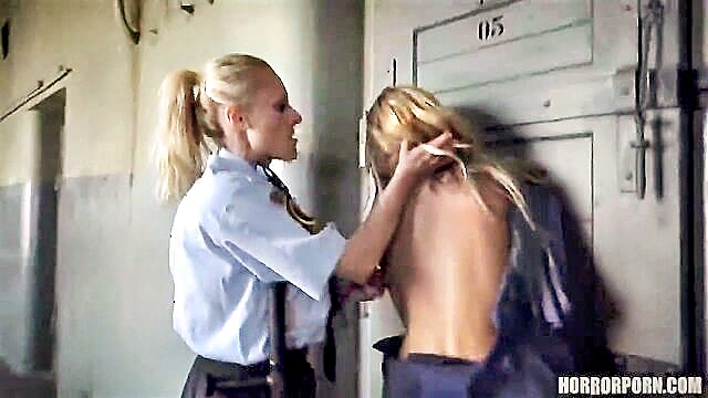blonde, blowjob, mistress - watch these two shaved lesbians get freaky in the jail while getting wet and wild