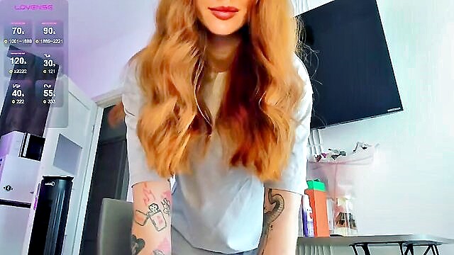 redhead, braces, lovense - see how a shy ginger girl uses her lovense to masturbate in front of webcam with metal braces on her teeth