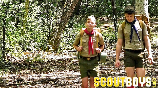 Logan Cross, Cole Blue - logan cross and cole blue having fun with a well endowed mature scout in the woods