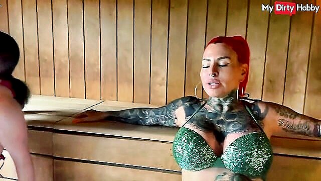 same room, tattooed milf, sex my - hot tattooed milf and her friend share a sauna with 2 guys for steamy sex in the same room