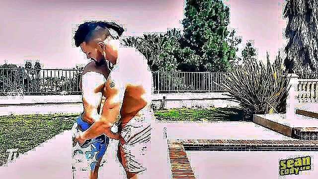big cock, handjob, blowjob - tattooed studs brysen sculpted guy share a poolside romp with a hot asslick and rimjob