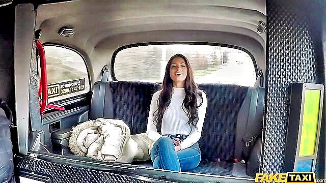 brunette, faketaxi, riding - watch this petite latina teen get her wet pussy pounded in public while getting her ass reamed in the backseat