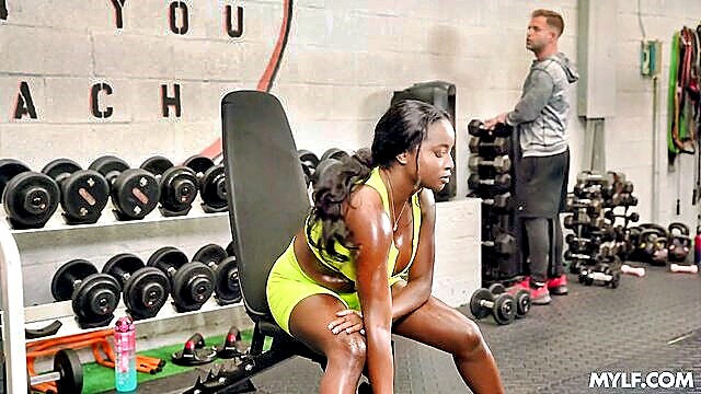 busty ebony, young cock, ebony milf - watch this hot milf with a huge rack bounce on a lucky young studs rod in the gym