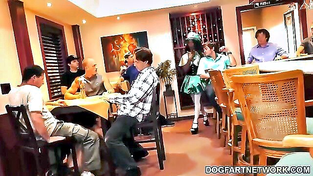 blowjob, bukkake, ebony - sarah banks gets down and dirty with 12 horny guys in a wild interracial group sex party