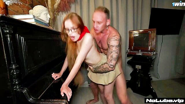 NoLube - petite redhead megan gets nailed during piano practice by her nerdy brother sister duo