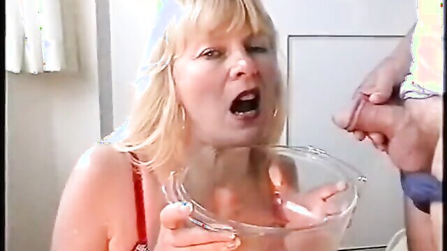 bitch, cum, cum facial - mature slut swallows cum and piss in wild video