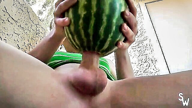 outdoors, shemales, solo - transsexual girl fucks watermelon