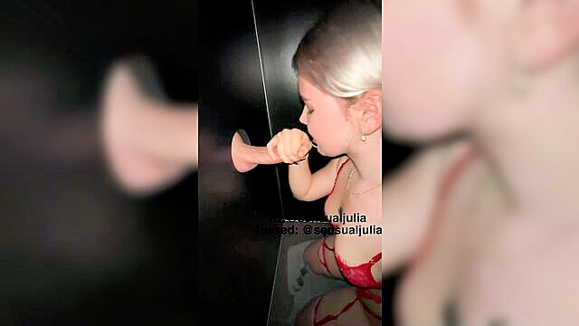 teen german amateur gives blowjob and swallows in an adult theater gloryhole : sensualjulia