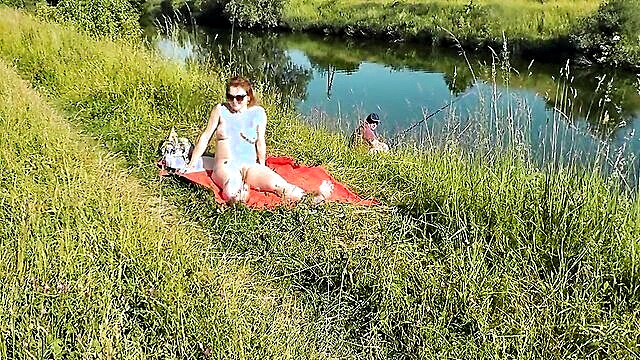 platinum haired mature beauty sunbathing in the nude by the river observed by a chance fisherman : FapHouse