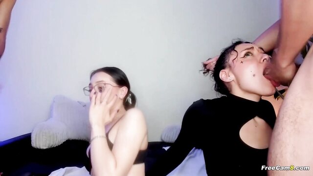 foursome, blowjob, freecam8 - besties on knees cock worship
