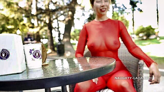 wife, milf, flashing - morning walk in a transparent suit in public