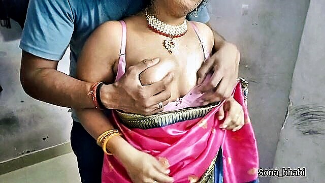 bhabhi, desi, indian - pink silk saree bhabi hookup
