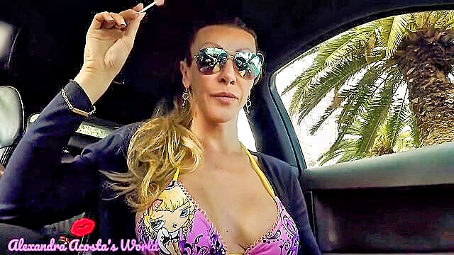 blonde, masturbation, cumshot - outdoor sex in car