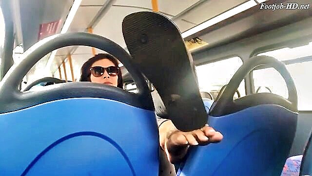 foot, dirty, feet - public cum on feet bus