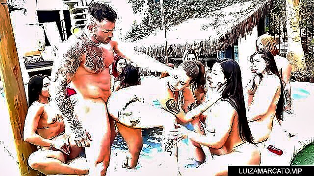 lesbian sex, orgy, double blowjob - massive orgy for maximo