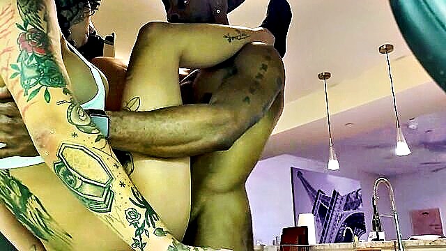 big cock, interracial, home made - screwing tatted latina kitchen