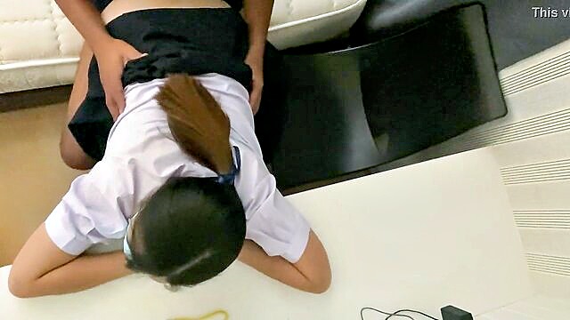 asian student gets caught skipping class and has sex with older man : Thai Av