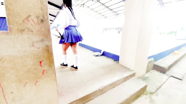 alumna secundaria, bano escuela, butt - spanish teacher and student have wild outdoor sex in school uniform