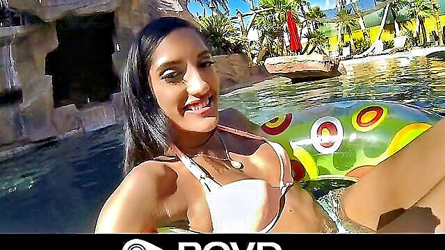hot brunette, pink nipples, tight nipples - bikini slut blowjob from above