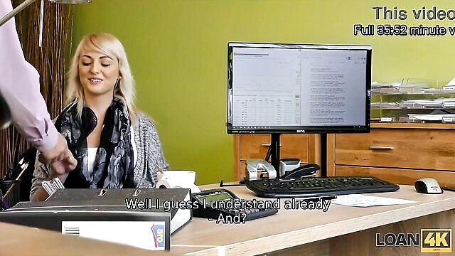 a busty blonde gets pounded on a desk in this loan4k video : porter40