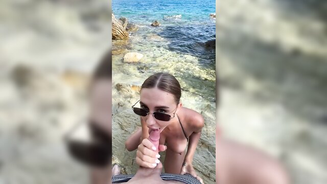 big tits, cumshot, big ass - deepthroat beach blowjob