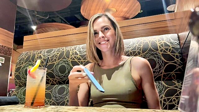 female cumming, hot wife, female orgasm - using lush vibrator for remote control orgasm in a public eatery on october 7 2022