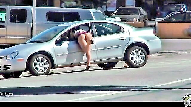short, skirt, bombshell - nude raven haired beauty in car