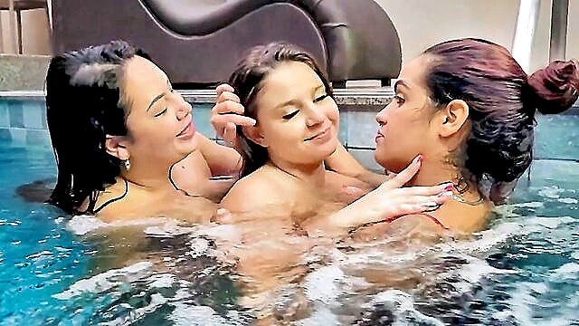 lesbians, threesome, brazilian - lustful lesbians in the pool