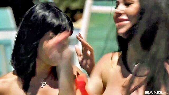threesome, lesbian, milf - poolside lesbian sex