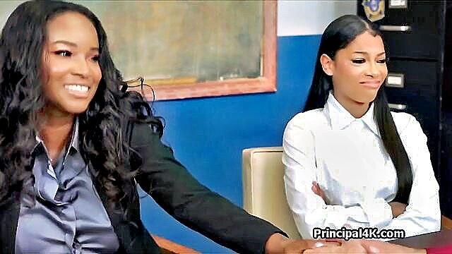 ebony, threesome, office - principal got lucky with ebonies