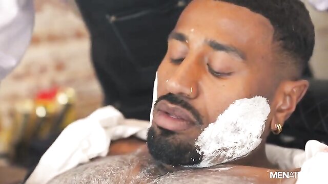 big cocks, bareback, black - barber handjob threesome image