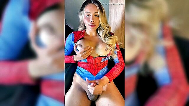 big cock, cumshot, big tits - trans spiderman costume masturbation